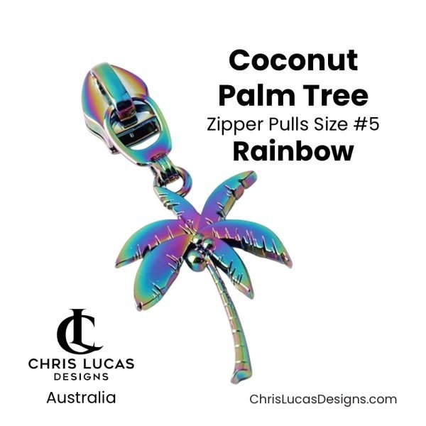 Coconut Palm Tree Zipper Pulls Size #5 Rainbow Australian Sewing and Bag Making Supplies Australia Chris Lucas Designs Handbag Hardware