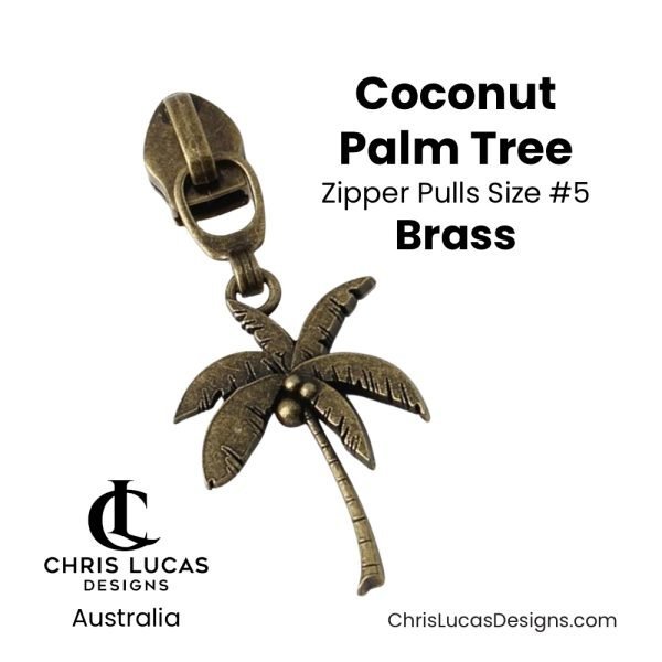Coconut Palm Tree Zipper Pulls Size #5 Brass Australian Sewing and Bag Making Supplies Australia Chris Lucas Designs Handbag Hardware