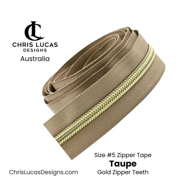 Taupe Zipper Tape with Gold Zipper Teeth Size #5 Australian Bag Making Supplies Australia Chris Lucas Designs