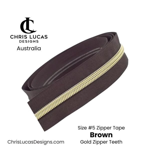 Brown Zipper Tape with Gold Zipper Teeth Size #5 Australian Bag Making Supplies Australia Chris Lucas Designs