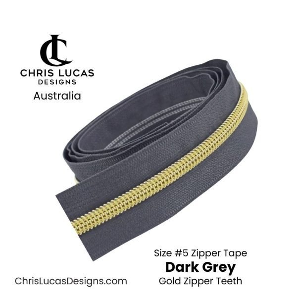 Dark Grey Zipper Tape with Gold Zipper Teeth Size #5 Australian Bag Making Supplies Australia Chris Lucas Designs