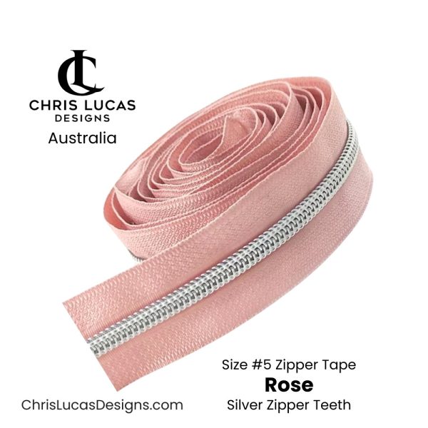 Rose Zipper Tape with Silver Zipper Teeth Size #5 Australian Bag Making Supplies Australia Chris Lucas Designs