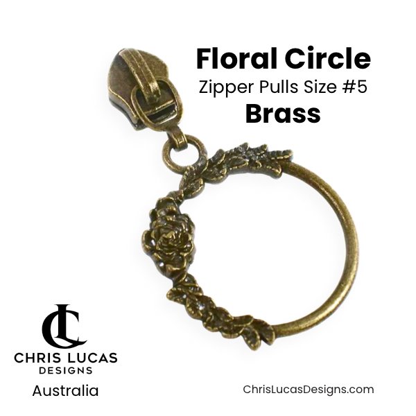 Floral Circle Zipper Pulls Size #5 Brass Australian Bag Making Supplies Australia Chris Lucas Designs
