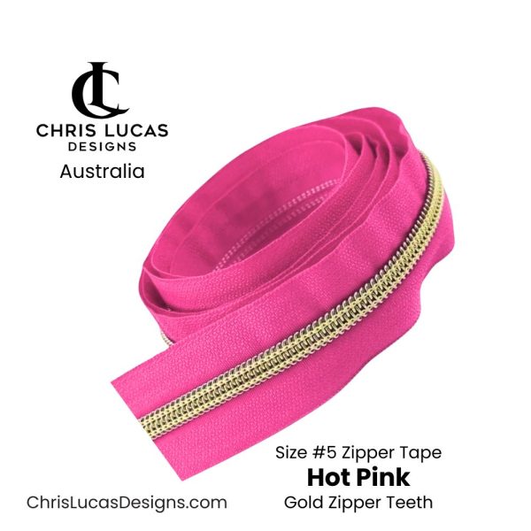 Hot Pink Zipper Tape with Gold Zipper Teeth Size #5 Australian Bag Making Supplies Australia Chris Lucas Designs