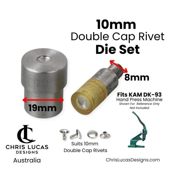 10mm Double Cap Rivet Die Set with upper and lower dies for the KAM DK93 Hand Press from Chris Lucas Designs Australia