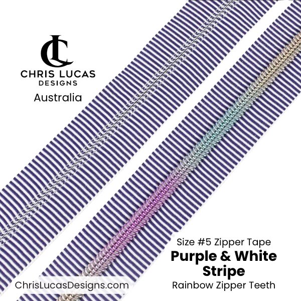 Purple and White Stripe Zipper Tape with Rainbow Zipper Teeth Size #5 Australian Bag Making Supplies Australia Chris Lucas Designs