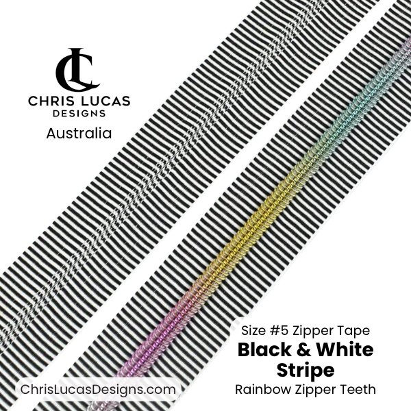 Black and White Stripe Zipper Tape with Rainbow Zipper Teeth Size #5 Australian Bag Making Supplies Australia Chris Lucas Designs