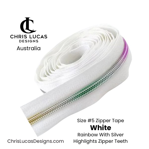 White Zipper Tape with Rainbow Silver Highlights Zipper Teeth Size #5 Australian Bag Making Supplies Australia Chris Lucas Designs