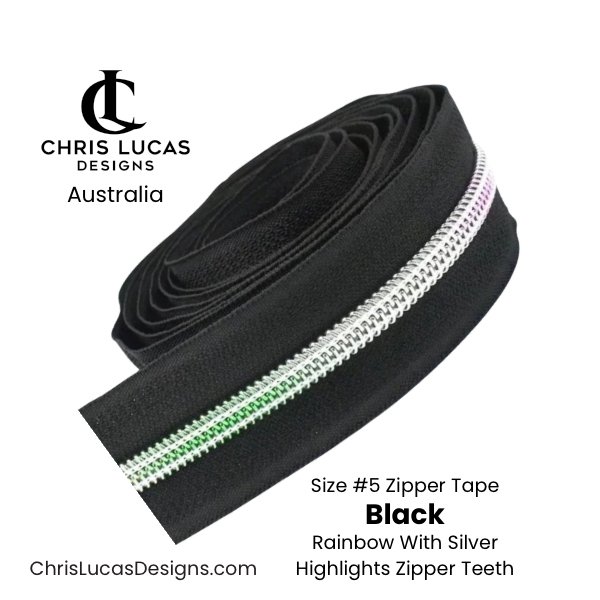 Black Zipper Tape with Rainbow Silver Highlights Zipper Teeth Size #5 Australian Bag Making Supplies Australia Chris Lucas Designs
