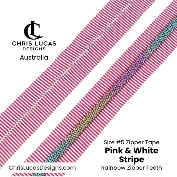 Pink and White Stripe Zipper Tape with Rainbow Zipper Teeth Size #5 Australian Bag Making Supplies Australia Chris Lucas Designs