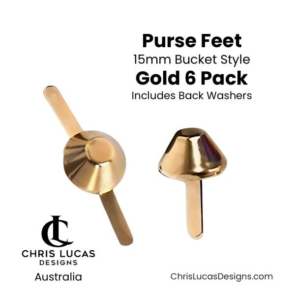 Purse Feet 15mm Bucket Style Gold 6 Pack including washers Australian Bag Making Supplies Australia Chris Lucas Designs Handbag Hardware
