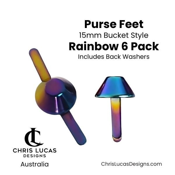 Purse Feet 15mm Bucket Style Rainbow 6 Pack including washers Australian Bag Making Supplies Australia Chris Lucas Designs Handbag Hardware