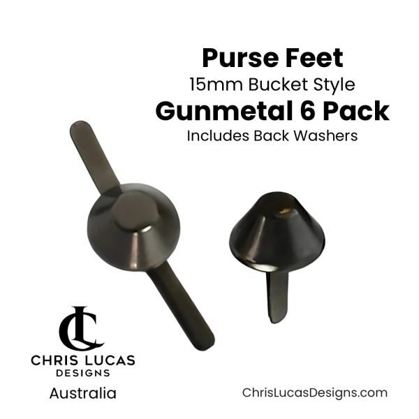 Purse Feet 15mm Bucket Style Gunmetal 6 Pack including washers Australian Bag Making Supplies Australia Chris Lucas Designs Handbag Hardware