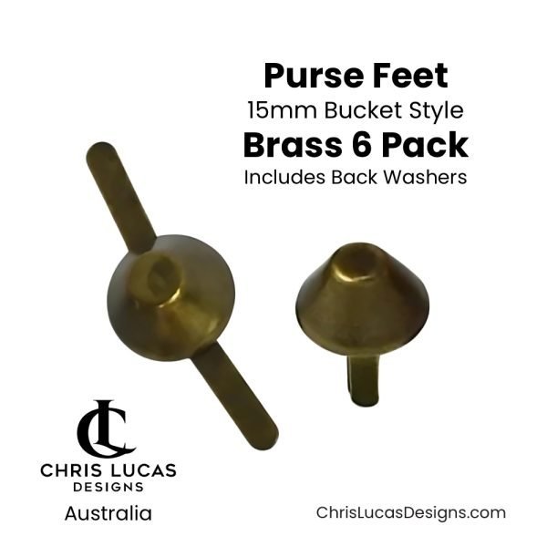 Purse Feet 15mm Bucket Style Brass 6 Pack including washers Australian Bag Making Supplies Australia Chris Lucas Designs Handbag Hardware
