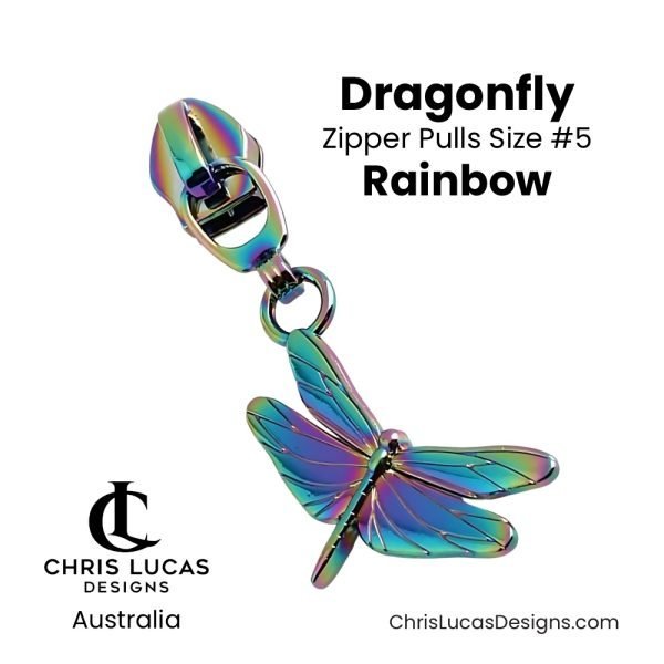 Dragonfly Zipper Pulls Size #5 Rainbow Australian Sewing and Bag Making Supplies Australia Chris Lucas Designs Handbag Hardware