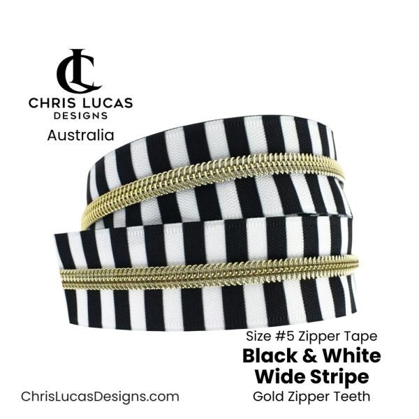 Black & White Wide Stripe Zipper Tape with Gold Zipper Teeth Australian Bag Making Supplies Australia Chris Lucas Designs