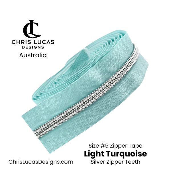 Light Turquoise Zipper Tape with Silver Zipper Teeth Size #5 Australian Bag Making Supplies Australia Chris Lucas Designs