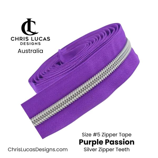 Purple Passion Zipper Tape with Silver Zipper Teeth Size #5 Australian Bag Making Supplies Australia Chris Lucas Designs