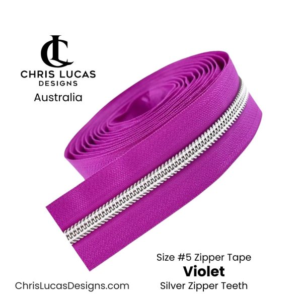 Violet Zipper Tape with Silver Zipper Teeth Size #5 Australian Bag Making Supplies Australia Chris Lucas Designs