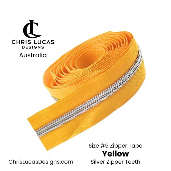 Yellow Zipper Tape with Silver Teeth Size #5 Australian Bag Making Supplies Australia Chris Lucas Designs