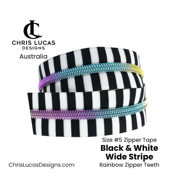 Black and White Wide Stripe Zipper Tape with Rainbow Zipper Teeth Size #5 Australian Bag Making Supplies Australia Chris Lucas Designs