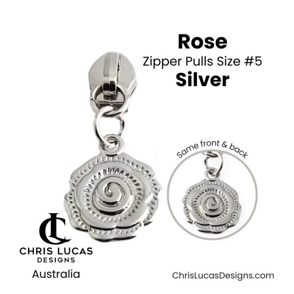 Rose Zipper Pulls Size #5 Silver Australian Sewing and Bag Making Supplies Australia Chris Lucas Designs Handbag Hardware