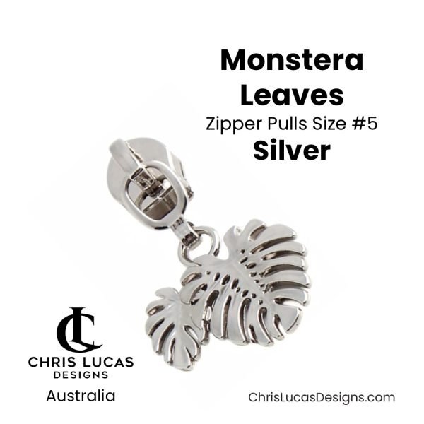 Monstera Leaves Zipper Pulls Size #5 Silver Australian Sewing and Bag Making Supplies Australia Chris Lucas Designs Handbag Hardware