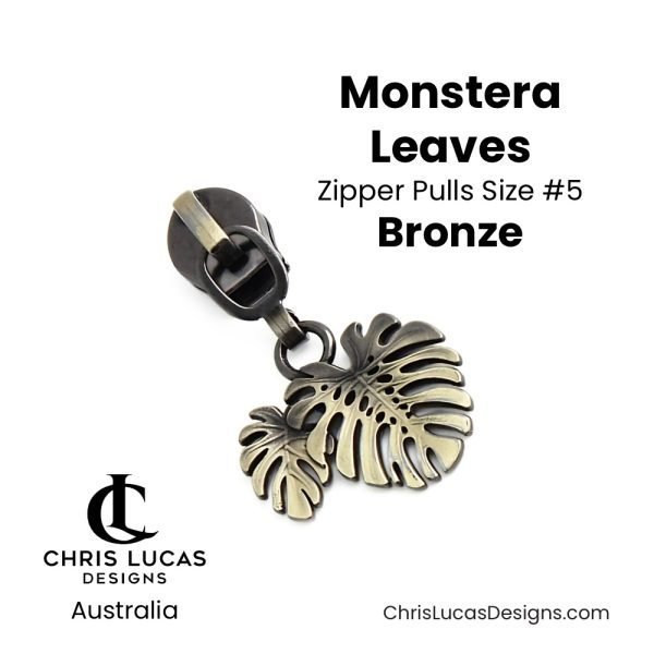 Monstera Leaves Zipper Pulls Size #5 Bronze Australian Sewing and Bag Making Supplies Australia Chris Lucas Designs Handbag Hardware