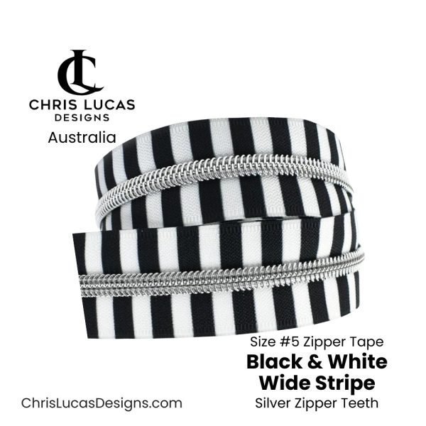 Black & White Wide Stripe Zipper Tape with Silver Zipper Teeth Size #5 Australian Bag Making Supplies Australia Chris Lucas Designs