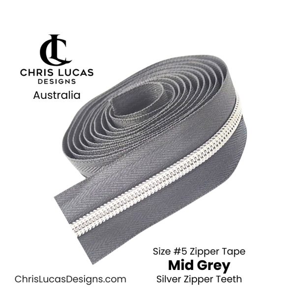 Mid Grey Zipper Tape with Silver Zipper Teeth Size #5 Australian Bag Making Supplies Australia Chris Lucas Designs