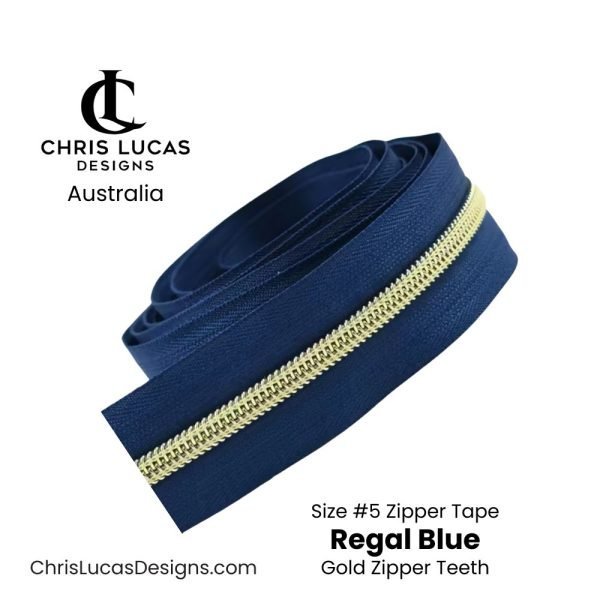 Regal Blue Zipper Tape with Gold Zipper Teeth Size #5 Australian Bag Making Supplies Australia Chris Lucas Designs