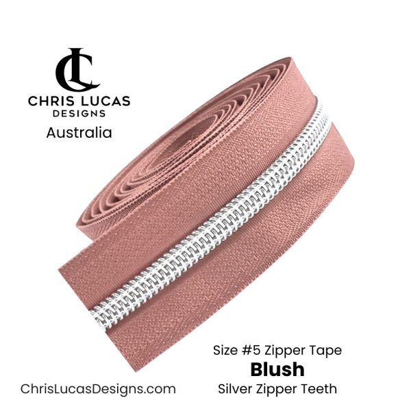 Blush Zipper Tape with Silver Zipper Teeth Size #5 Australian Bag Making Supplies Australia Chris Lucas Designs