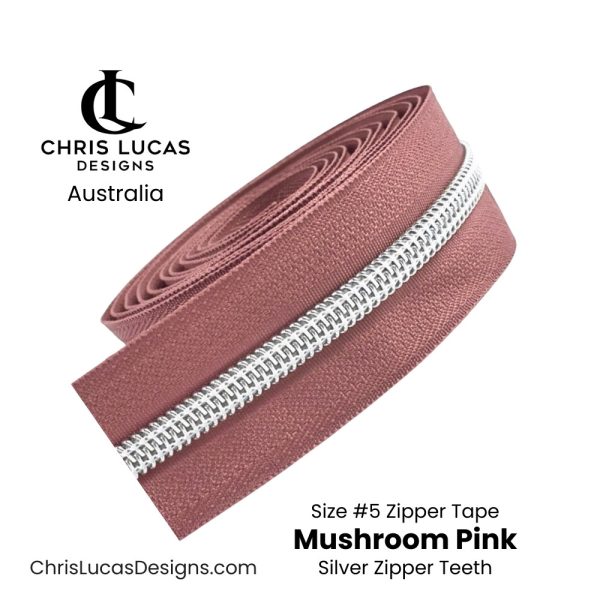 Mushroom Pink Zipper Tape with Silver Zipper Teeth Size #5 Australian Bag Making Supplies Australia Chris Lucas Designs