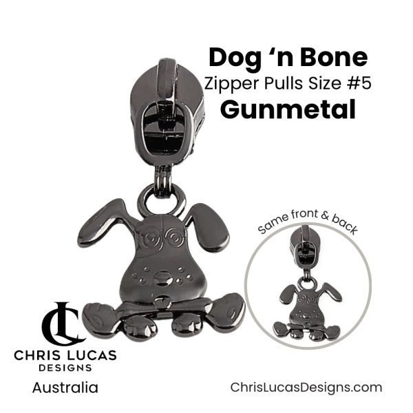 Dog and Bone Zipper Pulls Size #5 Gunmetal Australian Bag Making Supplies Australia Chris Lucas Designs Handbag Hardware