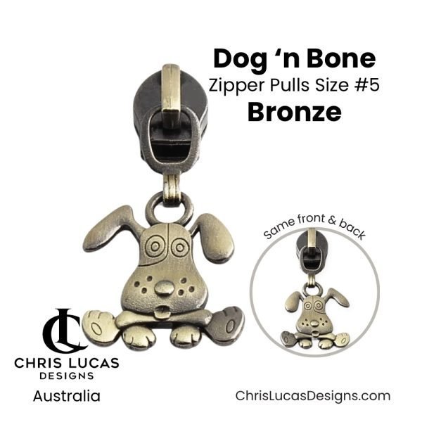 Dog and Bone Zipper Pulls Size #5 Bronze Australian Bag Making Supplies Australia Chris Lucas Designs Handbag Hardware