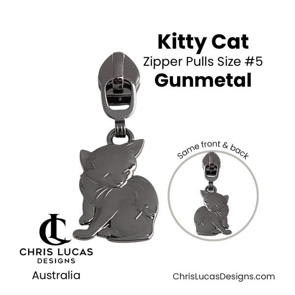 Kitty Cat Zipper Pulls Size #5 Gunmetal Australian Sewing and Bag Making Supplies Australia Chris Lucas Designs Handbag Hardware