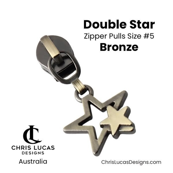 Double Star Zipper Pulls Size #5 Bronze Australian Sewing and Bag Making Supplies Australia Chris Lucas Designs Handbag Hardware