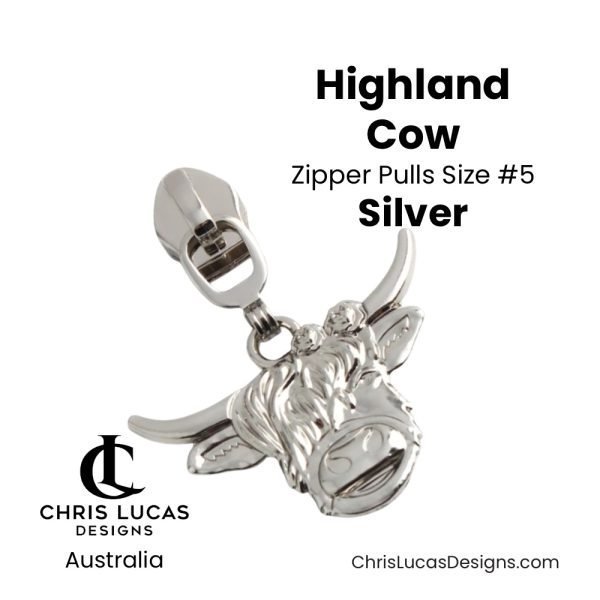 Highland Cow Zipper Pulls Size #5 Silver Australian Sewing and Bag Making Supplies Australia Chris Lucas Designs Handbag Hardware