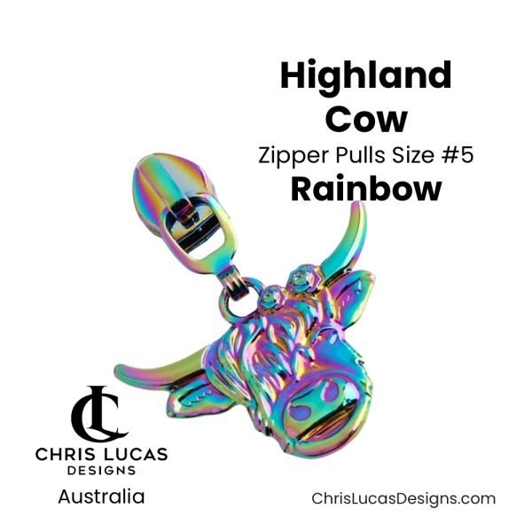 Highland Cow Zipper Pulls Size #5 Rainbow Australian Sewing and Bag Making Supplies Australia Chris Lucas Designs Handbag Hardware