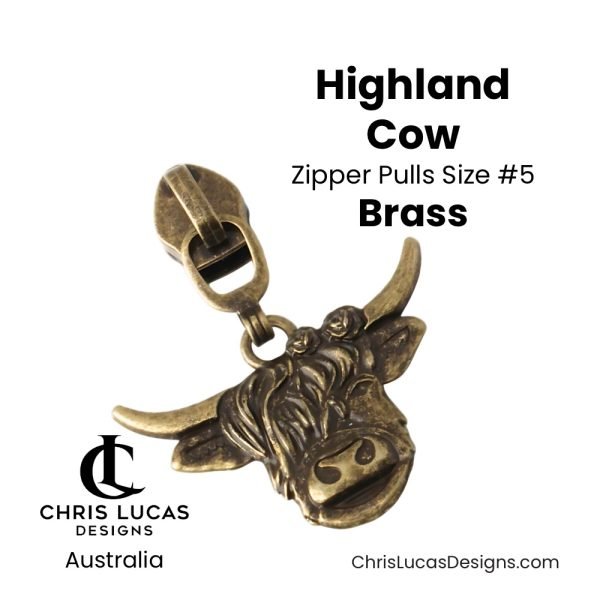 Highland Cow Zipper Pulls Size #5 Brass Australian Sewing and Bag Making Supplies Australia Chris Lucas Designs Handbag Hardware