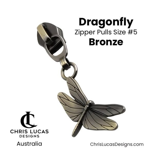 Dragonfly Zipper Pulls Size #5 Bronze Australian Sewing and Bag Making Supplies Australia Chris Lucas Designs Handbag Hardware