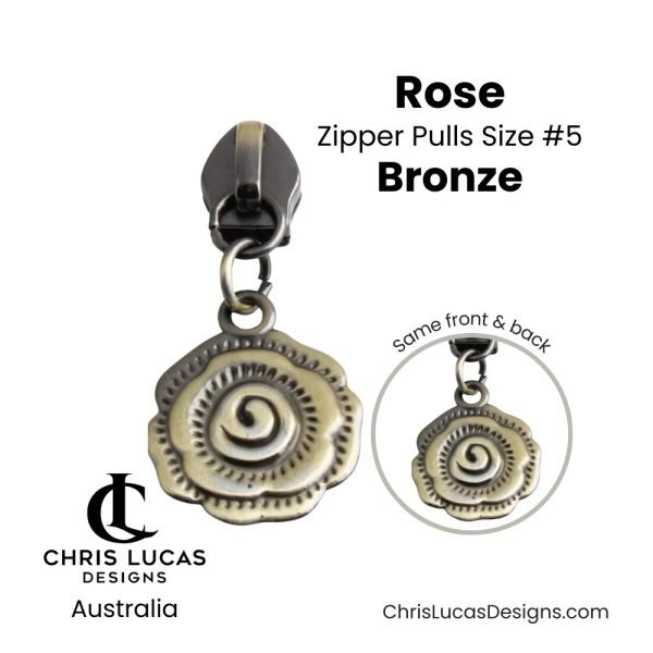 Rose Zipper Pulls Size #5 Bronze Australian Sewing and Bag Making Supplies Australia Chris Lucas Designs Handbag Hardware