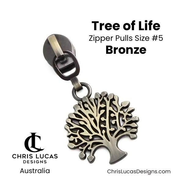 Tree of Life Zipper Pulls Size #5 Bronze Australian Sewing and Bag Making Supplies Australia Chris Lucas Designs Handbag Hardware