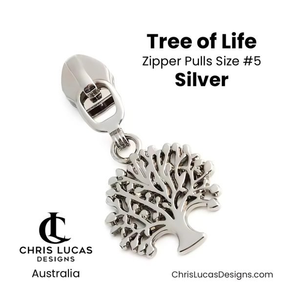 Tree of Life Zipper Pulls Size #5 Silver Australian Sewing and Bag Making Supplies Australia Chris Lucas Designs Handbag Hardware