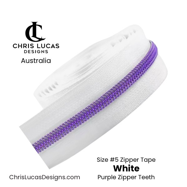 White Zipper Tape with Purple Metallic Zipper Teeth Size #5 Australian Bag Making Supplies Australia Chris Lucas Designs