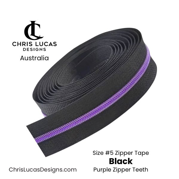 Black Zipper Tape with Purple Metallic Zipper Teeth Size #5 Australian Bag Making Supplies Australia Chris Lucas Designs