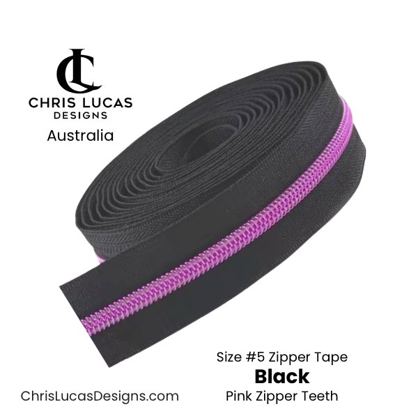Black Zipper Tape with Pink Metallic Zipper Teeth Size #5 Australian Bag Making Supplies Australia Chris Lucas Designs