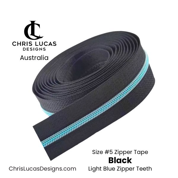 Black Zipper Tape with Light Blue Metallic Zipper Teeth Size #5 Australian Bag Making Supplies Australia Chris Lucas Designs