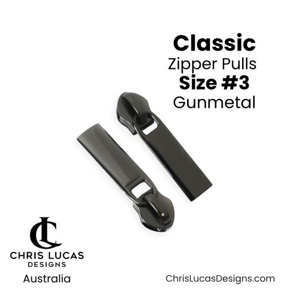 Gunmetal Classic Zipper Pulls Size #3 Australian Bag Making Supplies Australia Chris Lucas Designs Handbag Hardware