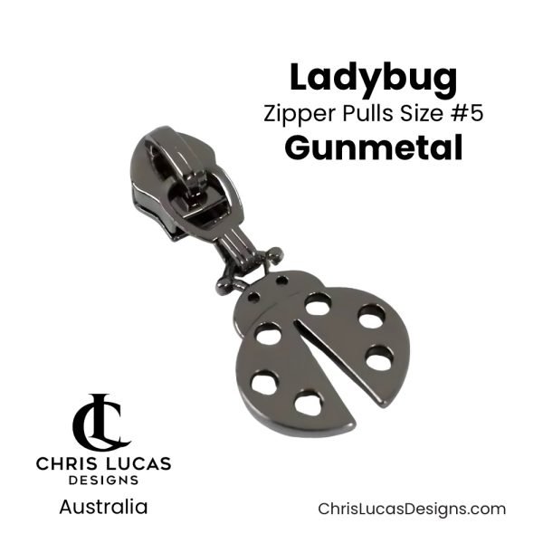 Ladybug Zipper Pulls Size #5 Gunmetal Australian Sewing and Bag Making Supplies Australia Chris Lucas Designs Handbag Hardware